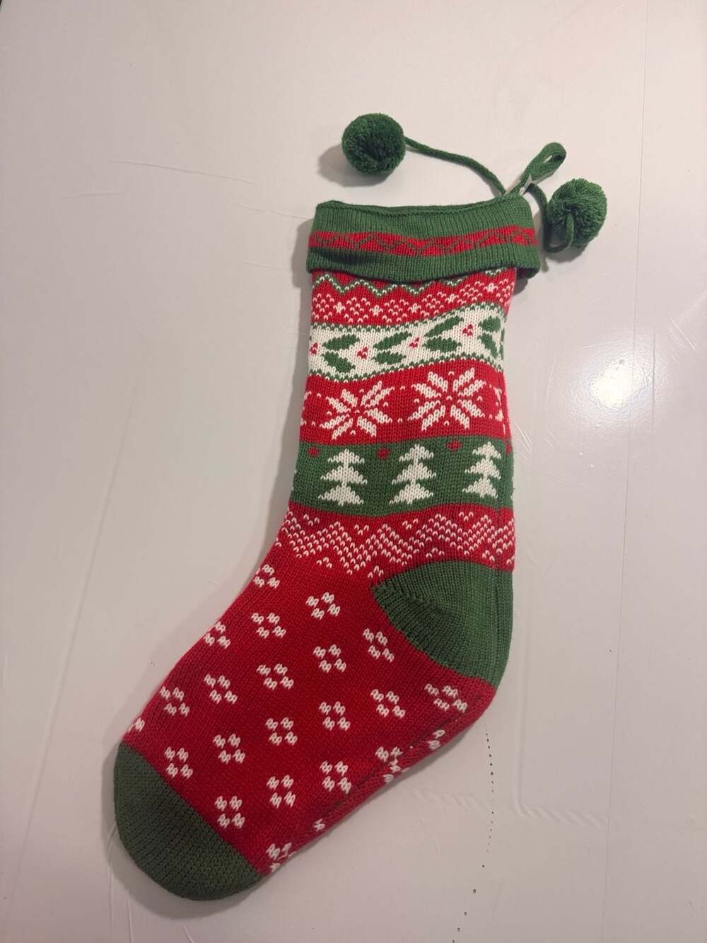Kurt Adler Red Green Ivory Knit Snowflake Holly Christmas Stocking Set of 2